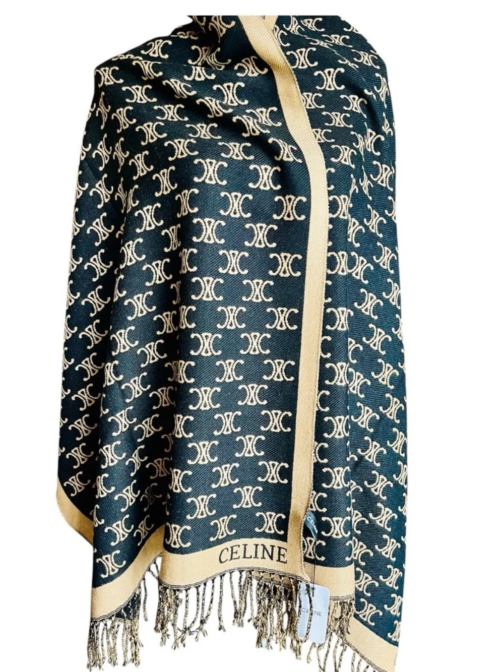 New Cashmere Silk Blend Double Sided Monogram Fringe Oversized Shawl Wrap 72x26